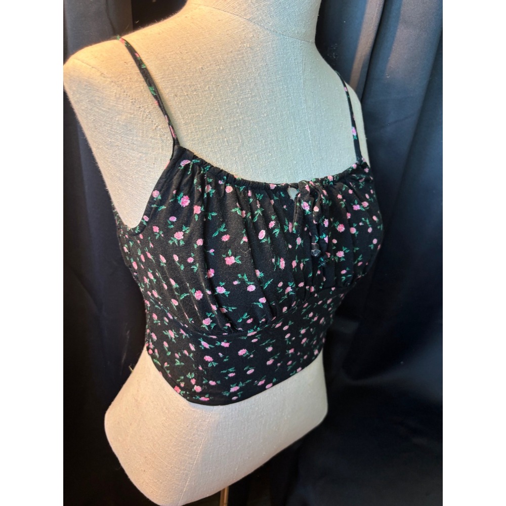 Forever 21 Black Pink Floral Smocked Crop Cami Top Small